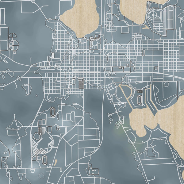 Warsaw Indiana Map Print in Afternoon Style Zoomed In Close Up Showing Details