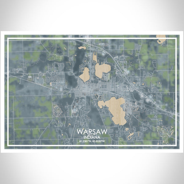 Warsaw Indiana Map Print Landscape Orientation in Afternoon Style With Shaded Background