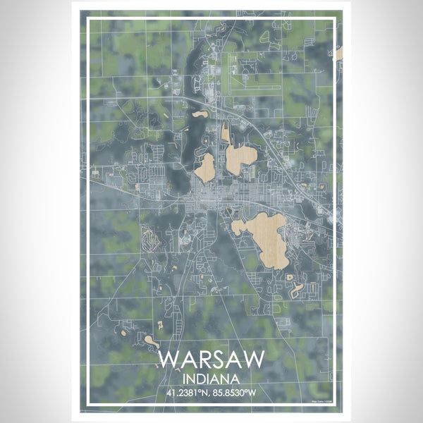 Warsaw Indiana Map Print Portrait Orientation in Afternoon Style With Shaded Background