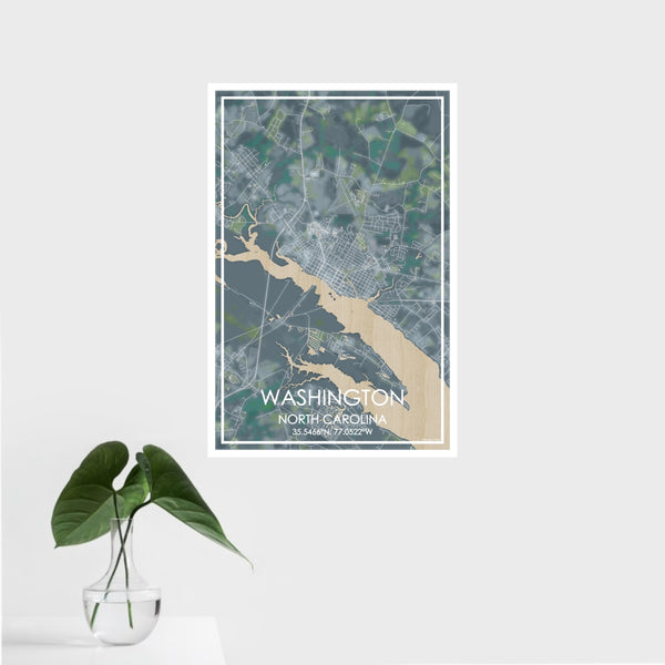 16x24 Washington North Carolina Map Print Portrait Orientation in Afternoon Style With Tropical Plant Leaves in Water