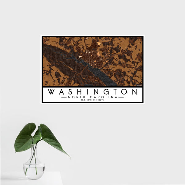 16x24 Washington North Carolina Map Print Landscape Orientation in Ember Style With Tropical Plant Leaves in Water