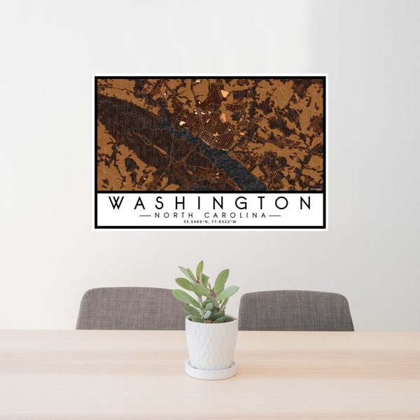 24x36 Washington North Carolina Map Print Lanscape Orientation in Ember Style Behind 2 Chairs Table and Potted Plant