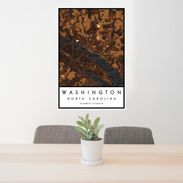 24x36 Washington North Carolina Map Print Portrait Orientation in Ember Style Behind 2 Chairs Table and Potted Plant