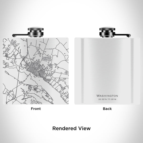 Rendered View of Washington North Carolina Map Engraving on 6oz Stainless Steel Flask in White
