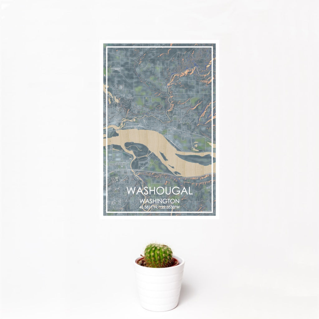 12x18 Washougal Washington Map Print Portrait Orientation in Afternoon Style With Small Cactus Plant in White Planter