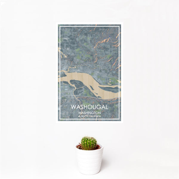 12x18 Washougal Washington Map Print Portrait Orientation in Afternoon Style With Small Cactus Plant in White Planter