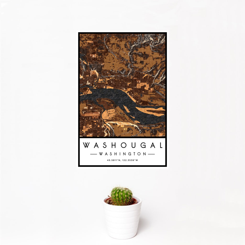 12x18 Washougal Washington Map Print Portrait Orientation in Ember Style With Small Cactus Plant in White Planter