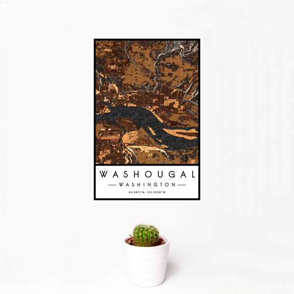 12x18 Washougal Washington Map Print Portrait Orientation in Ember Style With Small Cactus Plant in White Planter