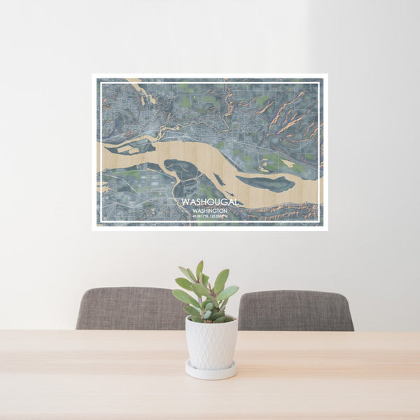 24x36 Washougal Washington Map Print Lanscape Orientation in Afternoon Style Behind 2 Chairs Table and Potted Plant