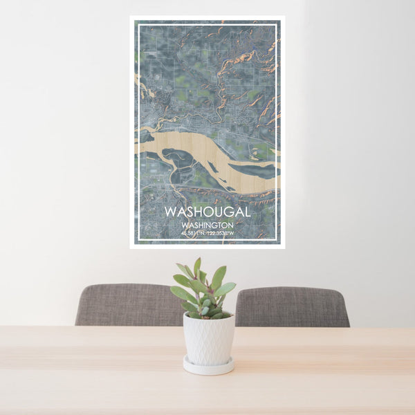24x36 Washougal Washington Map Print Portrait Orientation in Afternoon Style Behind 2 Chairs Table and Potted Plant