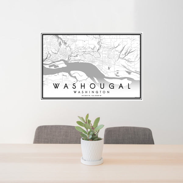 24x36 Washougal Washington Map Print Lanscape Orientation in Classic Style Behind 2 Chairs Table and Potted Plant