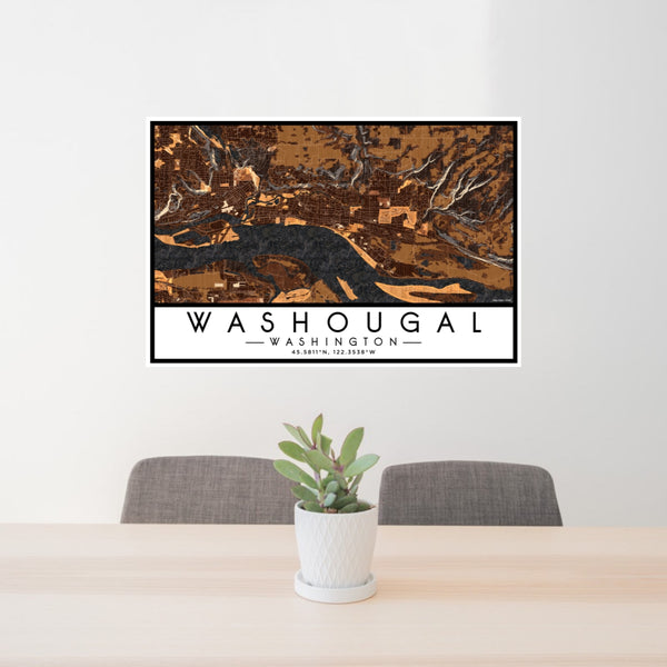 24x36 Washougal Washington Map Print Lanscape Orientation in Ember Style Behind 2 Chairs Table and Potted Plant