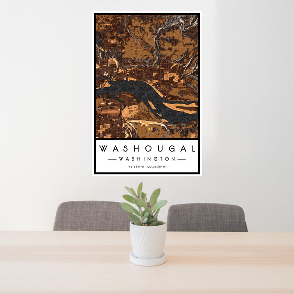24x36 Washougal Washington Map Print Portrait Orientation in Ember Style Behind 2 Chairs Table and Potted Plant