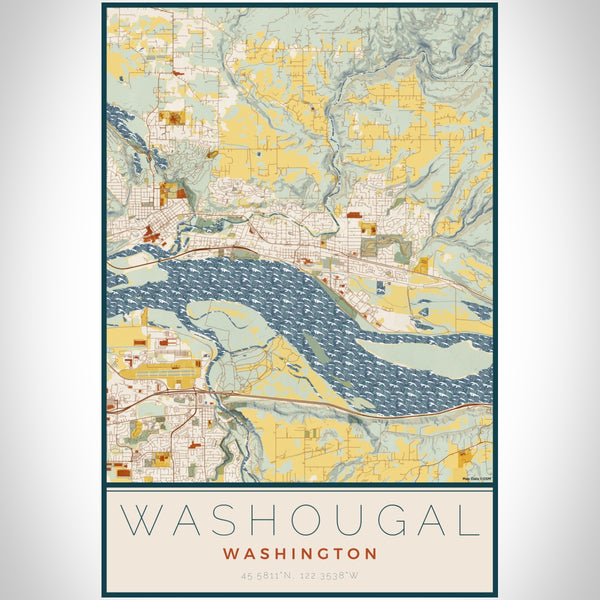 Washougal Washington Map Print Portrait Orientation in Woodblock Style With Shaded Background