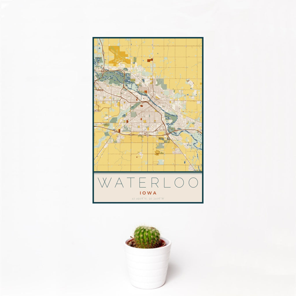 Waterloo - Iowa Map Print in Woodblock