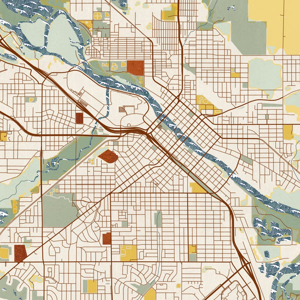Waterloo - Iowa Map Print in Woodblock