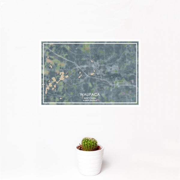 12x18 Waupaca Wisconsin Map Print Landscape Orientation in Afternoon Style With Small Cactus Plant in White Planter