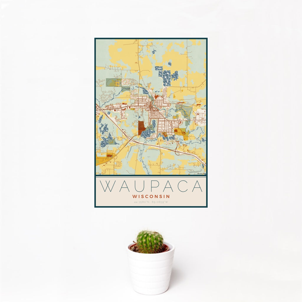 12x18 Waupaca Wisconsin Map Print Portrait Orientation in Woodblock Style With Small Cactus Plant in White Planter