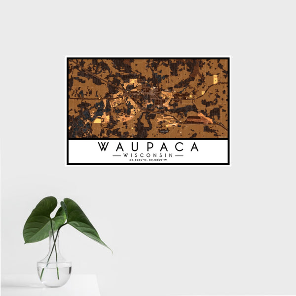 16x24 Waupaca Wisconsin Map Print Landscape Orientation in Ember Style With Tropical Plant Leaves in Water
