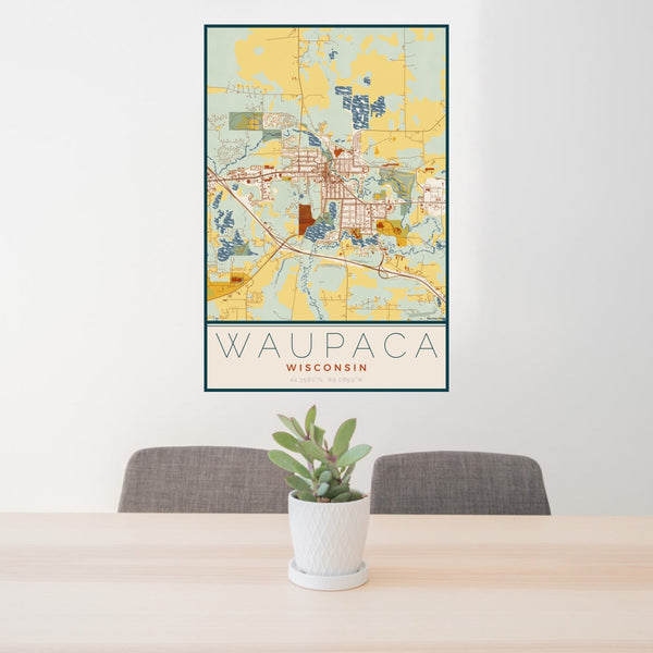 24x36 Waupaca Wisconsin Map Print Portrait Orientation in Woodblock Style Behind 2 Chairs Table and Potted Plant