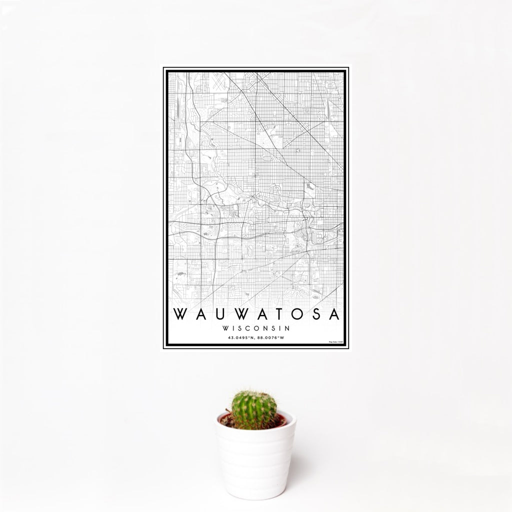 12x18 Wauwatosa Wisconsin Map Print Portrait Orientation in Classic Style With Small Cactus Plant in White Planter