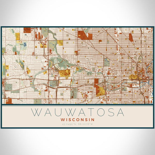 Wauwatosa Wisconsin Map Print Landscape Orientation in Woodblock Style With Shaded Background