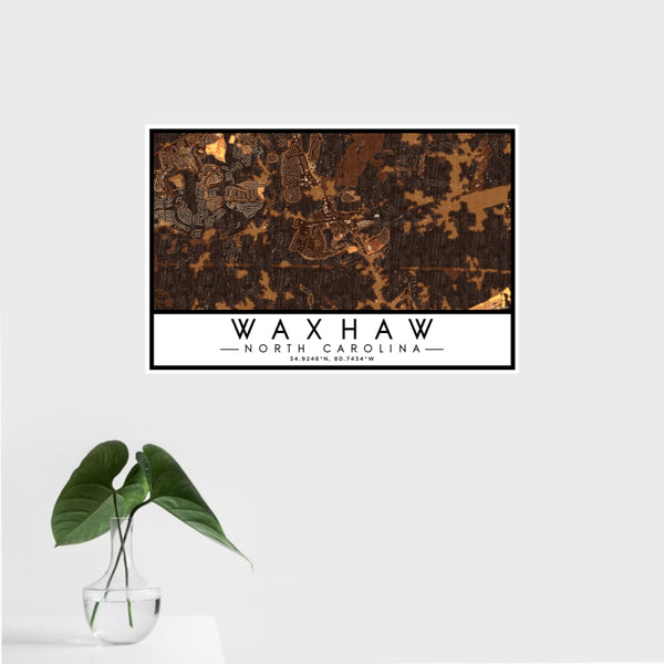 16x24 Waxhaw North Carolina Map Print Landscape Orientation in Ember Style With Tropical Plant Leaves in Water