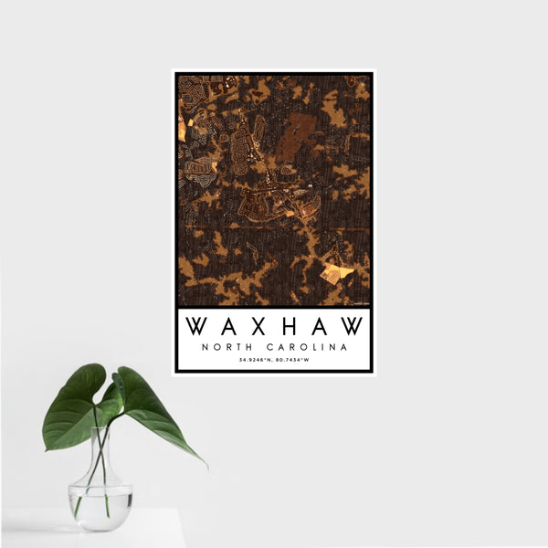 16x24 Waxhaw North Carolina Map Print Portrait Orientation in Ember Style With Tropical Plant Leaves in Water