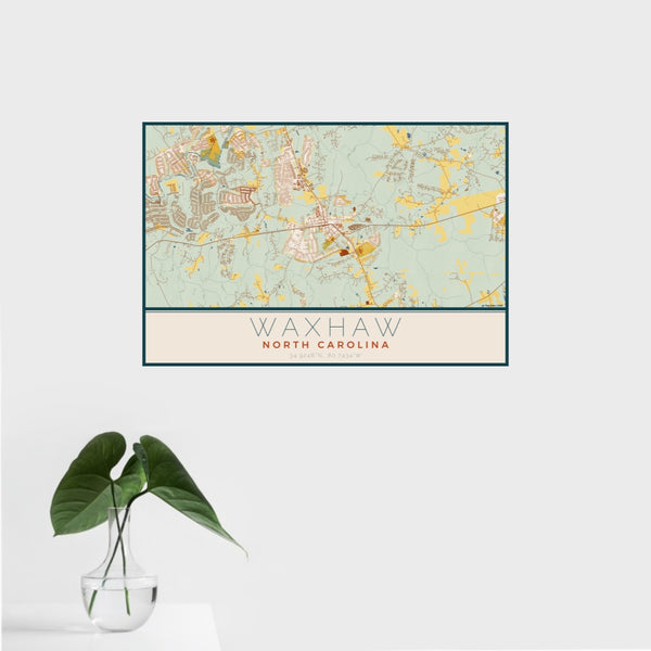 16x24 Waxhaw North Carolina Map Print Landscape Orientation in Woodblock Style With Tropical Plant Leaves in Water