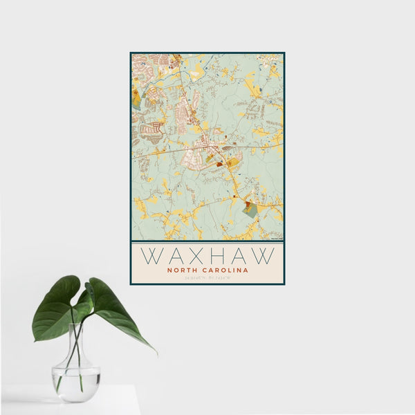 16x24 Waxhaw North Carolina Map Print Portrait Orientation in Woodblock Style With Tropical Plant Leaves in Water
