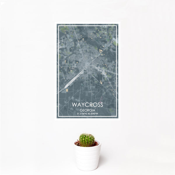 12x18 Waycross Georgia Map Print Portrait Orientation in Afternoon Style With Small Cactus Plant in White Planter