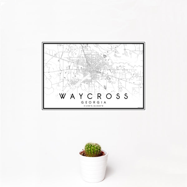 12x18 Waycross Georgia Map Print Landscape Orientation in Classic Style With Small Cactus Plant in White Planter
