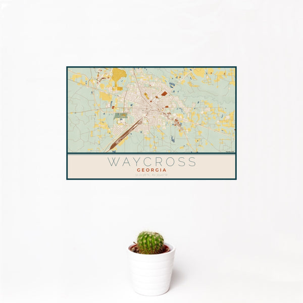 12x18 Waycross Georgia Map Print Landscape Orientation in Woodblock Style With Small Cactus Plant in White Planter