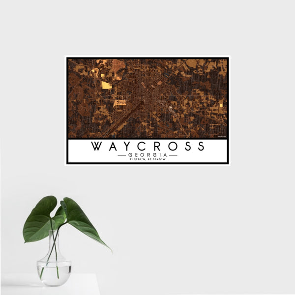 16x24 Waycross Georgia Map Print Landscape Orientation in Ember Style With Tropical Plant Leaves in Water