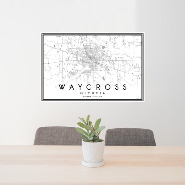 24x36 Waycross Georgia Map Print Lanscape Orientation in Classic Style Behind 2 Chairs Table and Potted Plant