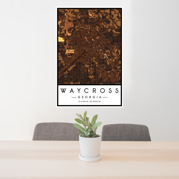 24x36 Waycross Georgia Map Print Portrait Orientation in Ember Style Behind 2 Chairs Table and Potted Plant