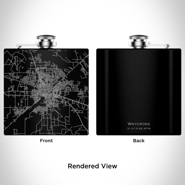 Rendered View of Waycross Georgia Map Engraving on 6oz Stainless Steel Flask in Black
