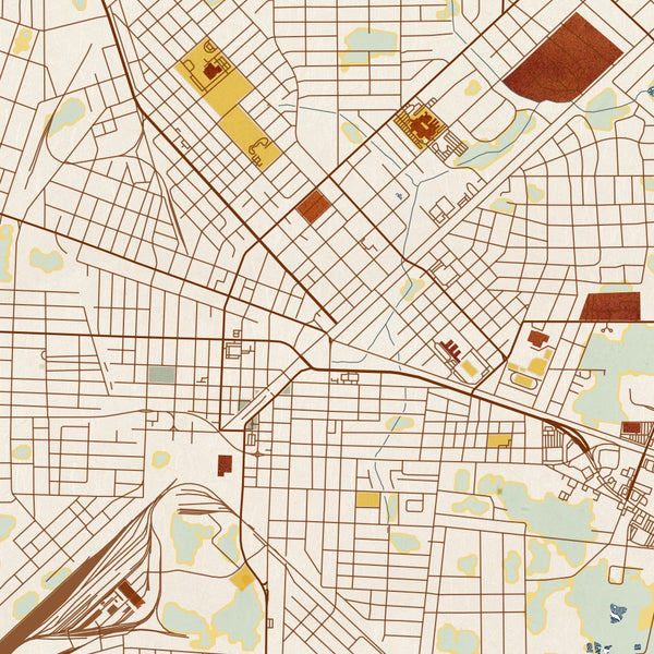 Waycross Georgia Map Print in Woodblock Style Zoomed In Close Up Showing Details