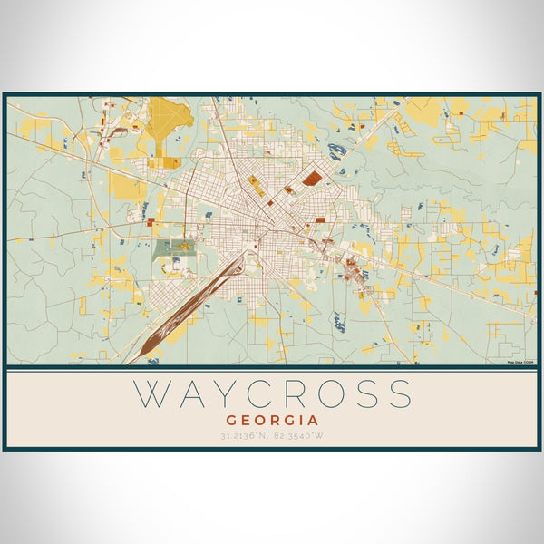 Waycross Georgia Map Print Landscape Orientation in Woodblock Style With Shaded Background