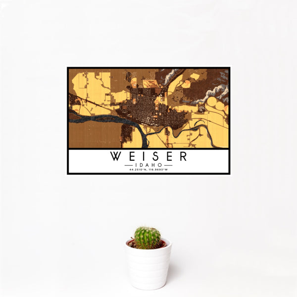 12x18 Weiser Idaho Map Print Landscape Orientation in Ember Style With Small Cactus Plant in White Planter