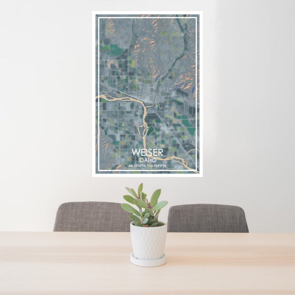 24x36 Weiser Idaho Map Print Portrait Orientation in Afternoon Style Behind 2 Chairs Table and Potted Plant