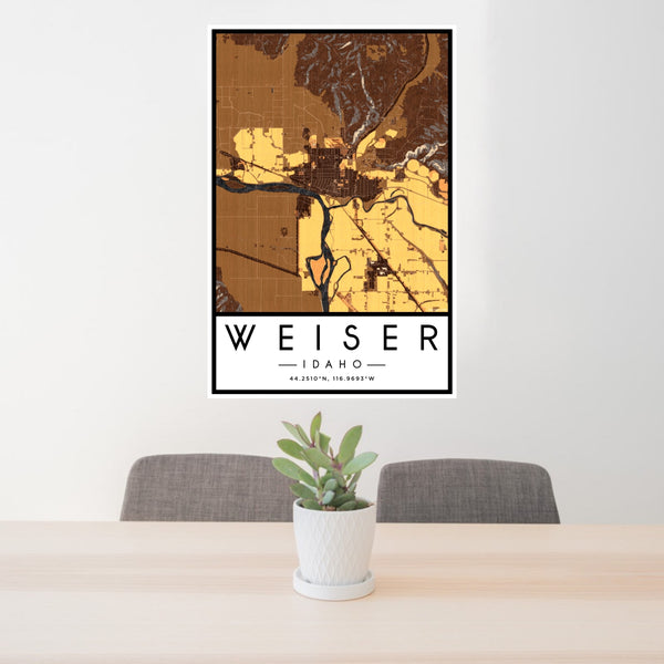 24x36 Weiser Idaho Map Print Portrait Orientation in Ember Style Behind 2 Chairs Table and Potted Plant