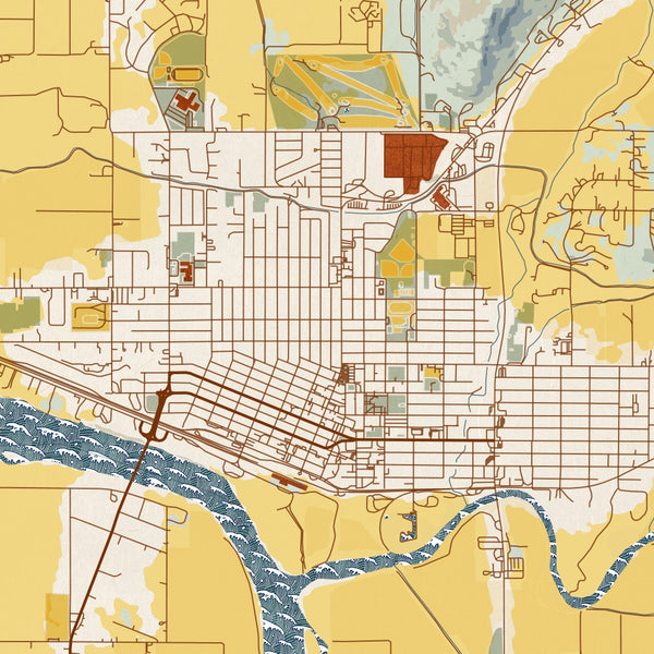 Weiser Idaho Map Print in Woodblock Style Zoomed In Close Up Showing Details