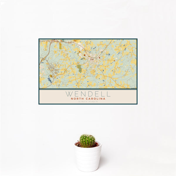 12x18 Wendell North Carolina Map Print Landscape Orientation in Woodblock Style With Small Cactus Plant in White Planter