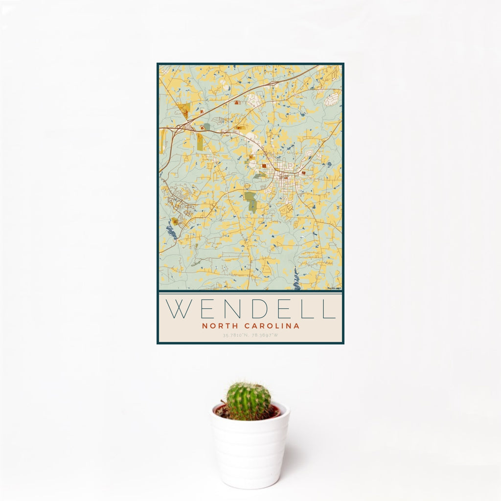 12x18 Wendell North Carolina Map Print Portrait Orientation in Woodblock Style With Small Cactus Plant in White Planter