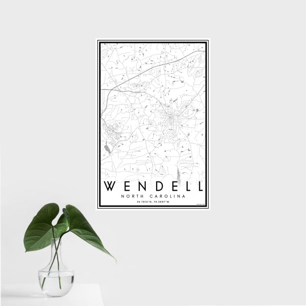 16x24 Wendell North Carolina Map Print Portrait Orientation in Classic Style With Tropical Plant Leaves in Water