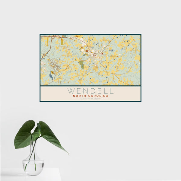 16x24 Wendell North Carolina Map Print Landscape Orientation in Woodblock Style With Tropical Plant Leaves in Water