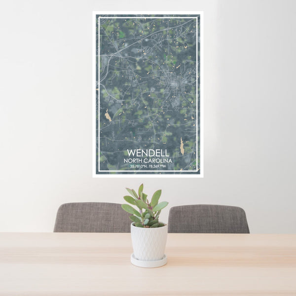 24x36 Wendell North Carolina Map Print Portrait Orientation in Afternoon Style Behind 2 Chairs Table and Potted Plant