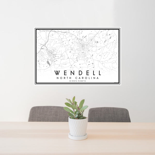 24x36 Wendell North Carolina Map Print Lanscape Orientation in Classic Style Behind 2 Chairs Table and Potted Plant