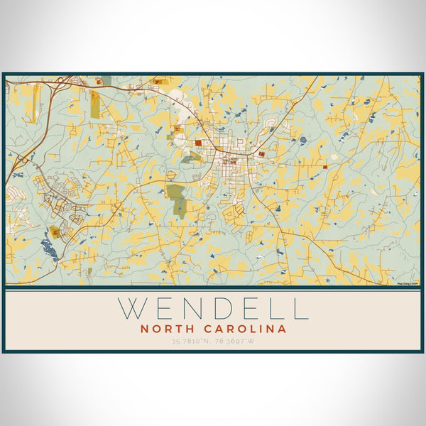 Wendell North Carolina Map Print Landscape Orientation in Woodblock Style With Shaded Background